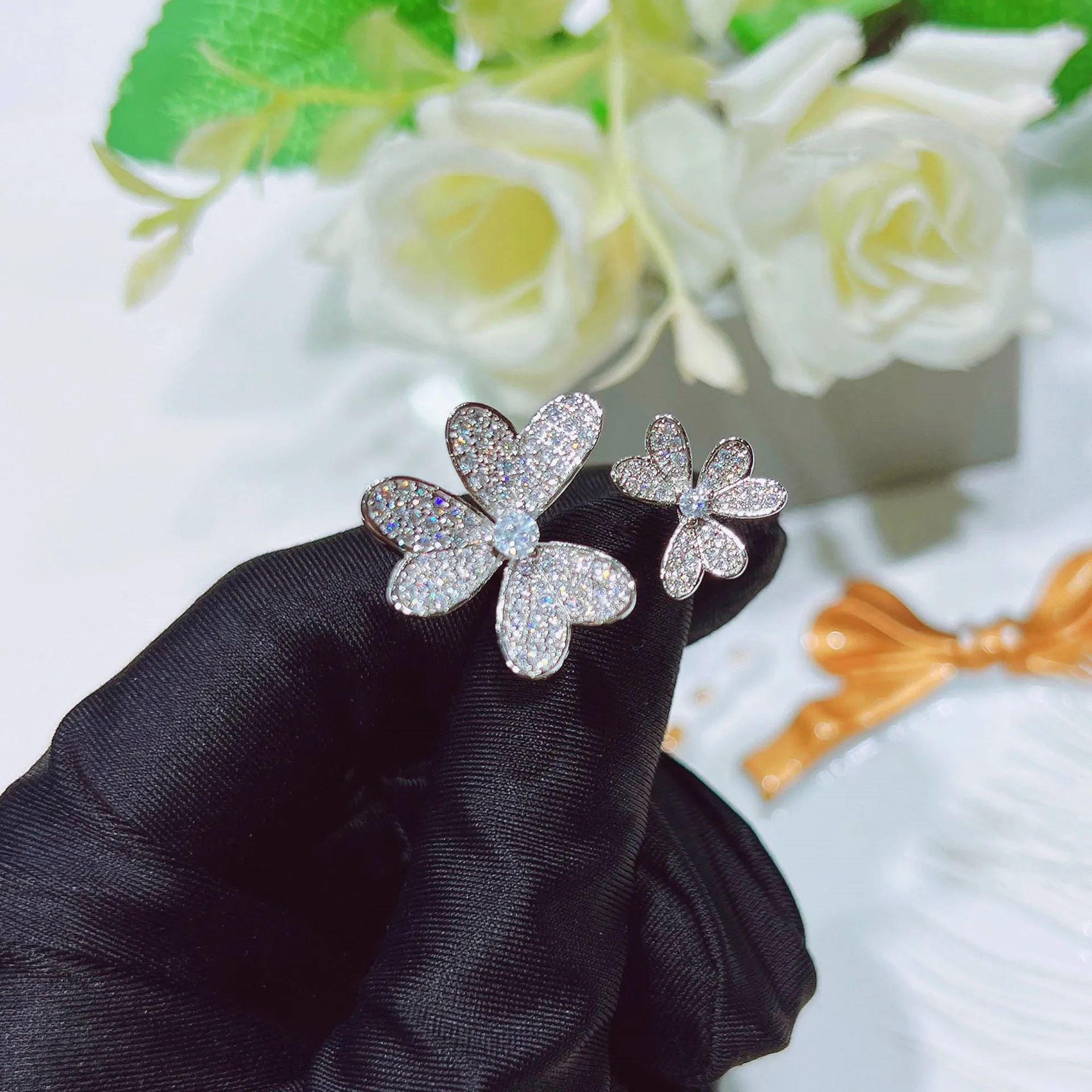 Luxury Three-Grass Flower Clover Ring Female With 925 Stamp Full Diamond Three-Flower Double-Flower Ring Party Birthday Gift