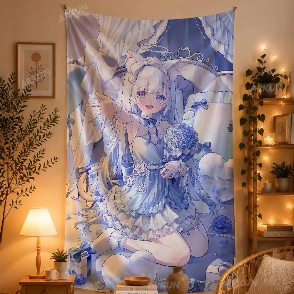 Light Blue Neko Anime Girl Tapestry, Kawaii White Hair Cat Ear Lolita Character Wall Hanging, Sweet Manga Art Wall Bedroom Decor