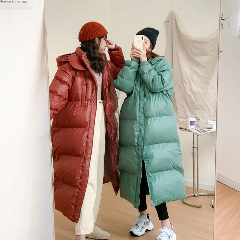 Winter Korean Version Long Style Cotton-Padded Jacket Fashion Bright Surface Waterproof Thicken Warm New Solid Color Hooded Coat