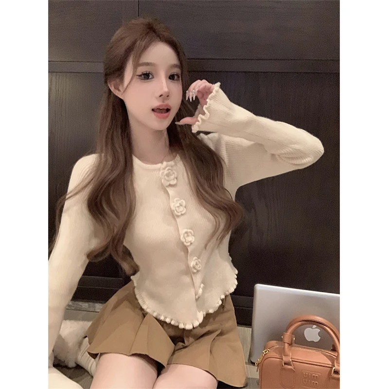 

Irregular Knitted Cardigan Women Pink Cropped Floral Knitted Outerwears Korean Fashion Long Sleeve Knitwear Winter Slim Jumpers