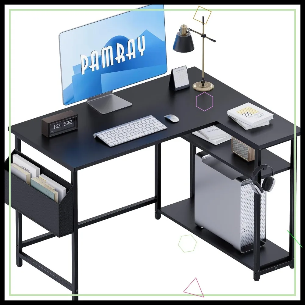 

40 Inch L-Shaped Corner Desk with Reversible Shelves, Small Space Home Office Writing Study Table for Bedroom in Black