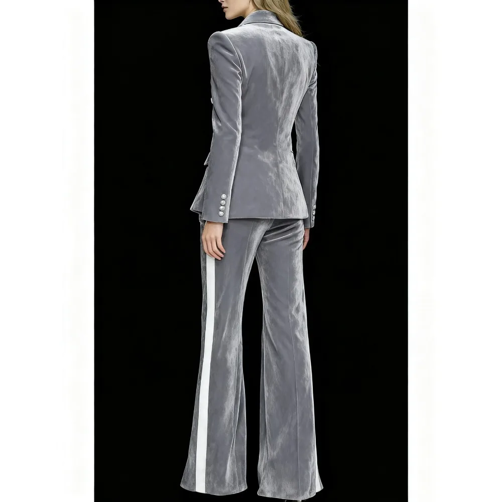 Silver-gray velvet double-breasted suit + wide-leg pants with white stripe panel set for women | Gorgeous and high-end style, su