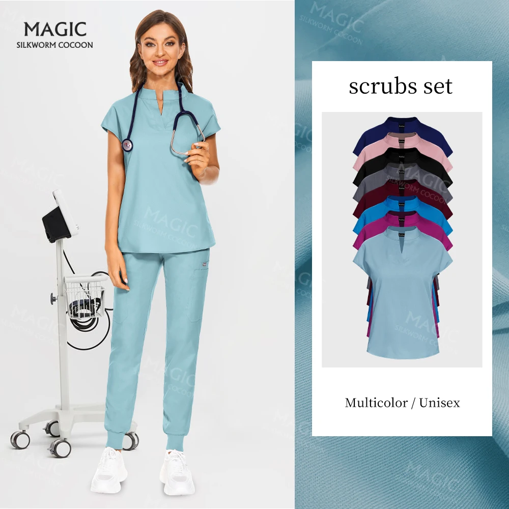 Conjunto de esfrega cirúrgico de cor sólida feminina, Fatos médicos, Uniforme hospitalar, Tops de enfermagem de médicos, Fatos de calças, Elegante, Mulheres