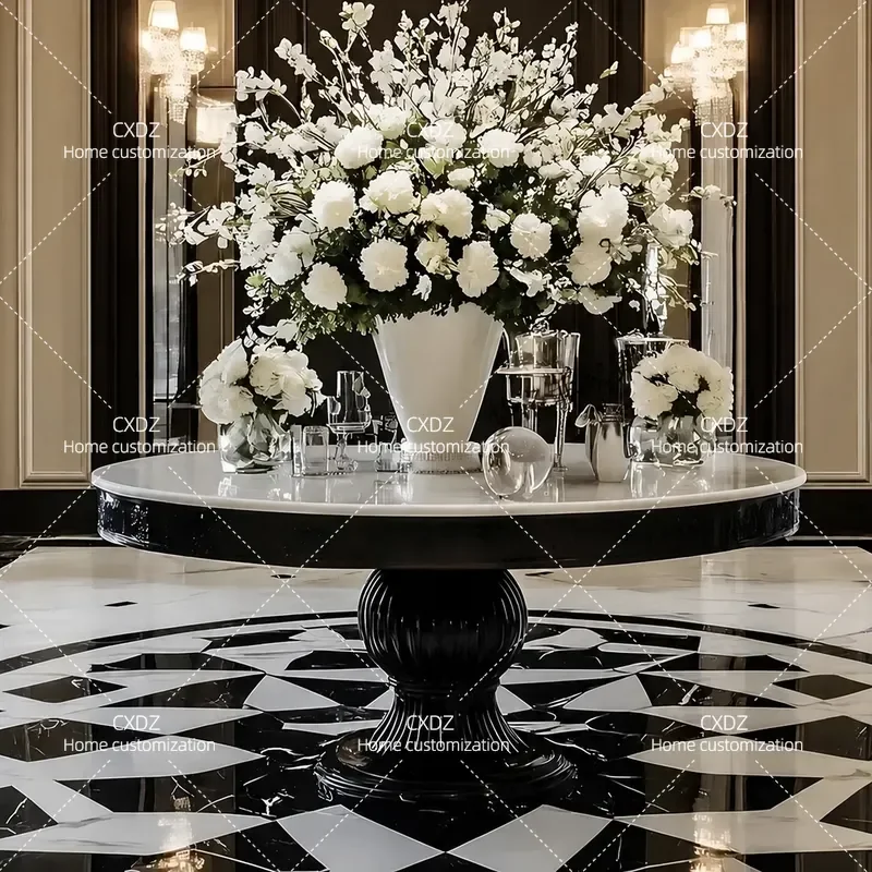 Light luxury round solid wood dining table floral pattern black high-end designer living room dining table