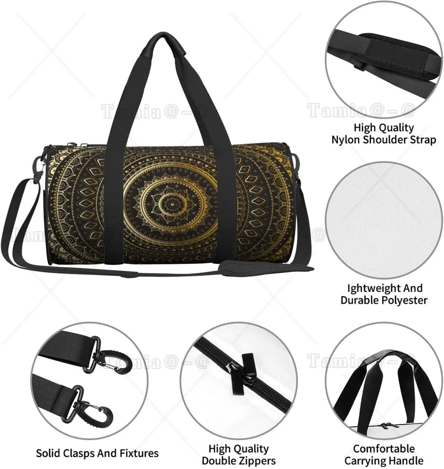 Sport-Sporttasche, Gold, Schwarz, Mandala, ethnisch, orientalisch, Seesack, Fassentasche, Rucksack, leichte Reise-Zylindertaschen für das Schwimmtraining