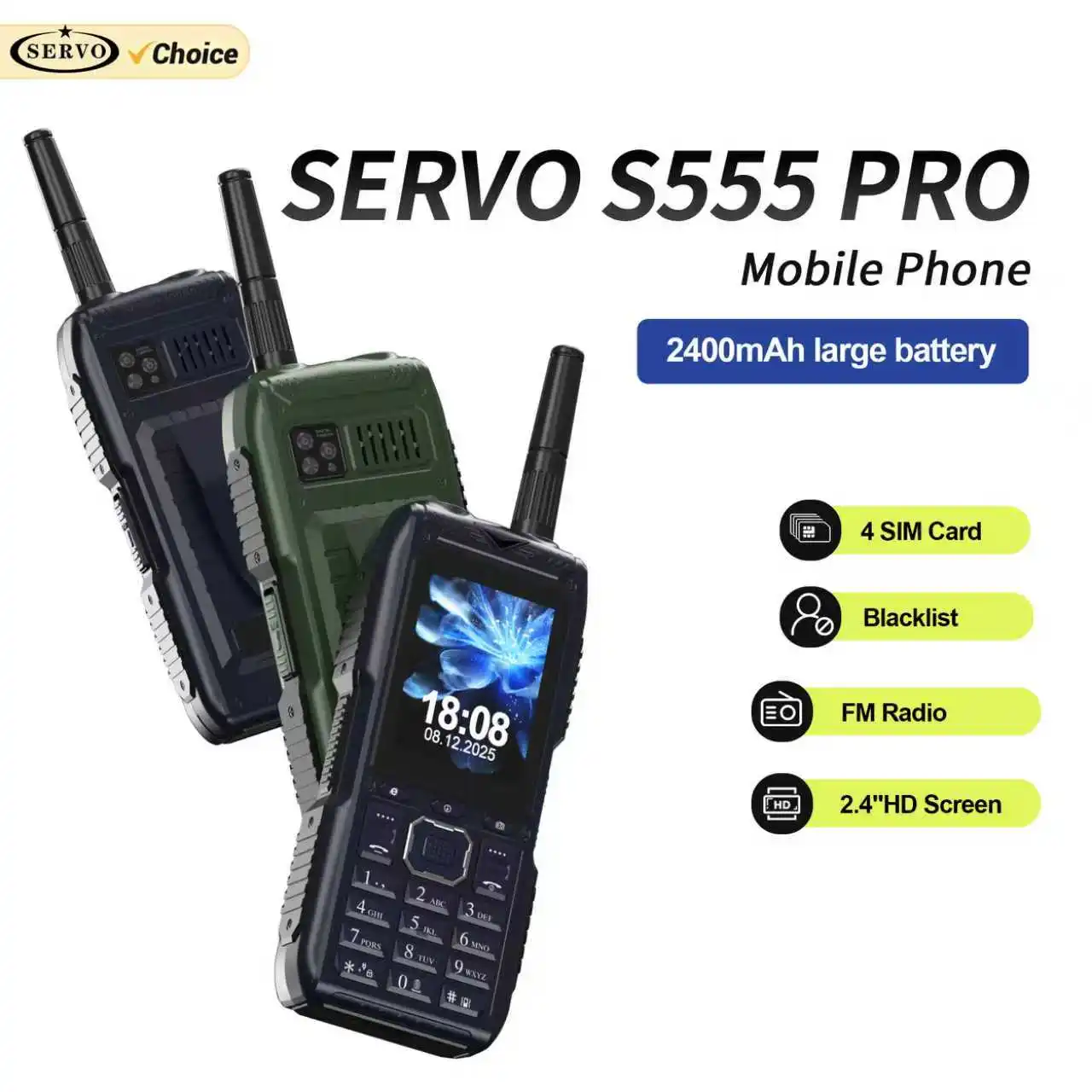 SERVO S555 PRO Button Mobile Phone 4 SIM Standby Torch Call Recording Vibration Blacklist Loud Speaker FM 2G Feature Cellphones