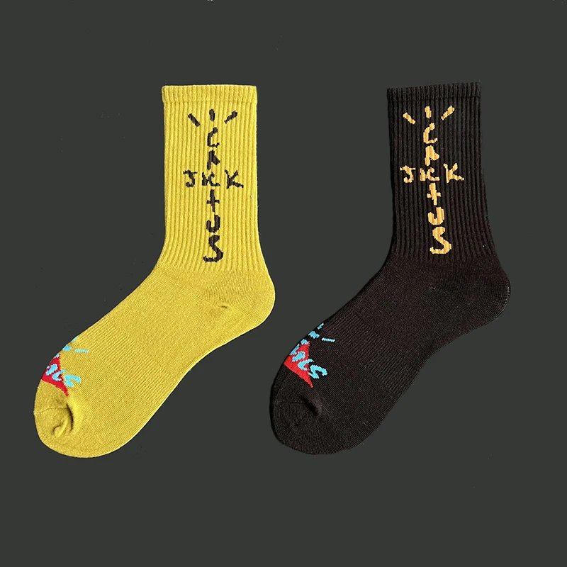 Herrensocken 3 Paar/Box Cactus Jack Socken Baumwolle Sport Hip Hop Basketball Skateboard Braun/Gelb Sockken Großhandel Herren Geschenk – Detail 11