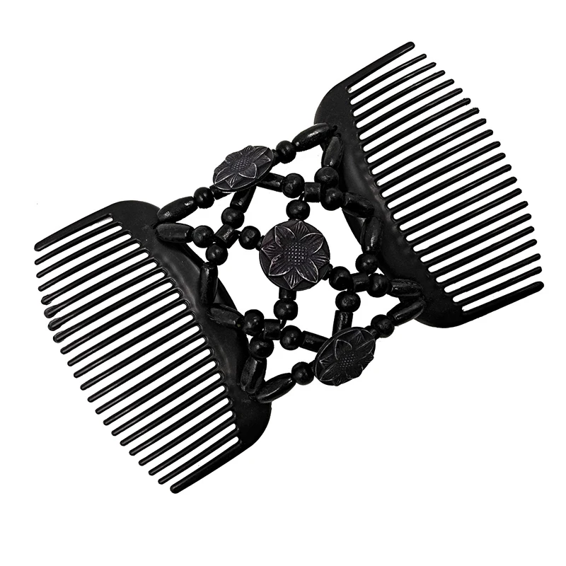 Hair Side Combs for Women Wood Beaded Stretch Double Hair Side Combs Clips Bun Maker with 3 Flowers Hair Accessories