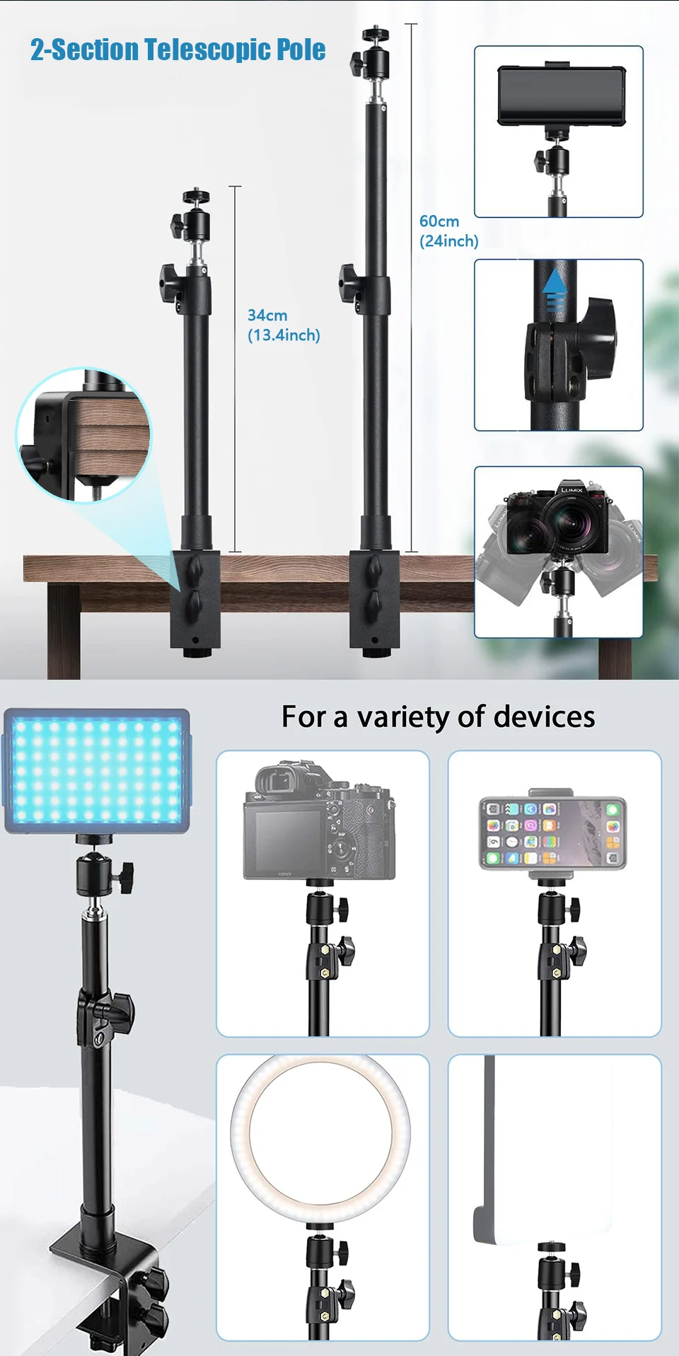 Desk Mount Stand DSLR Camera C Clamp Light Stand Photographic Light Boom Stand With Ball Head for Phone Video Ring Light Zoom
