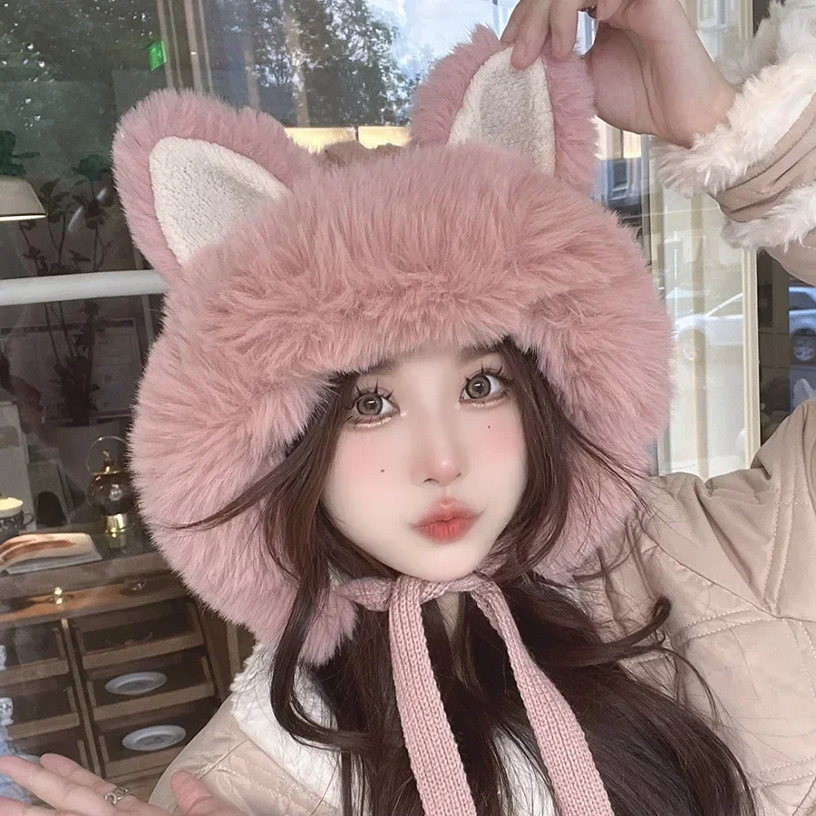 2024 New Cute Big Ear Knitted Hat Furry Fox Hat Winter Womem Warm Knitted Ear Protection Hat Fashion Pullover Plush Brimless Hat