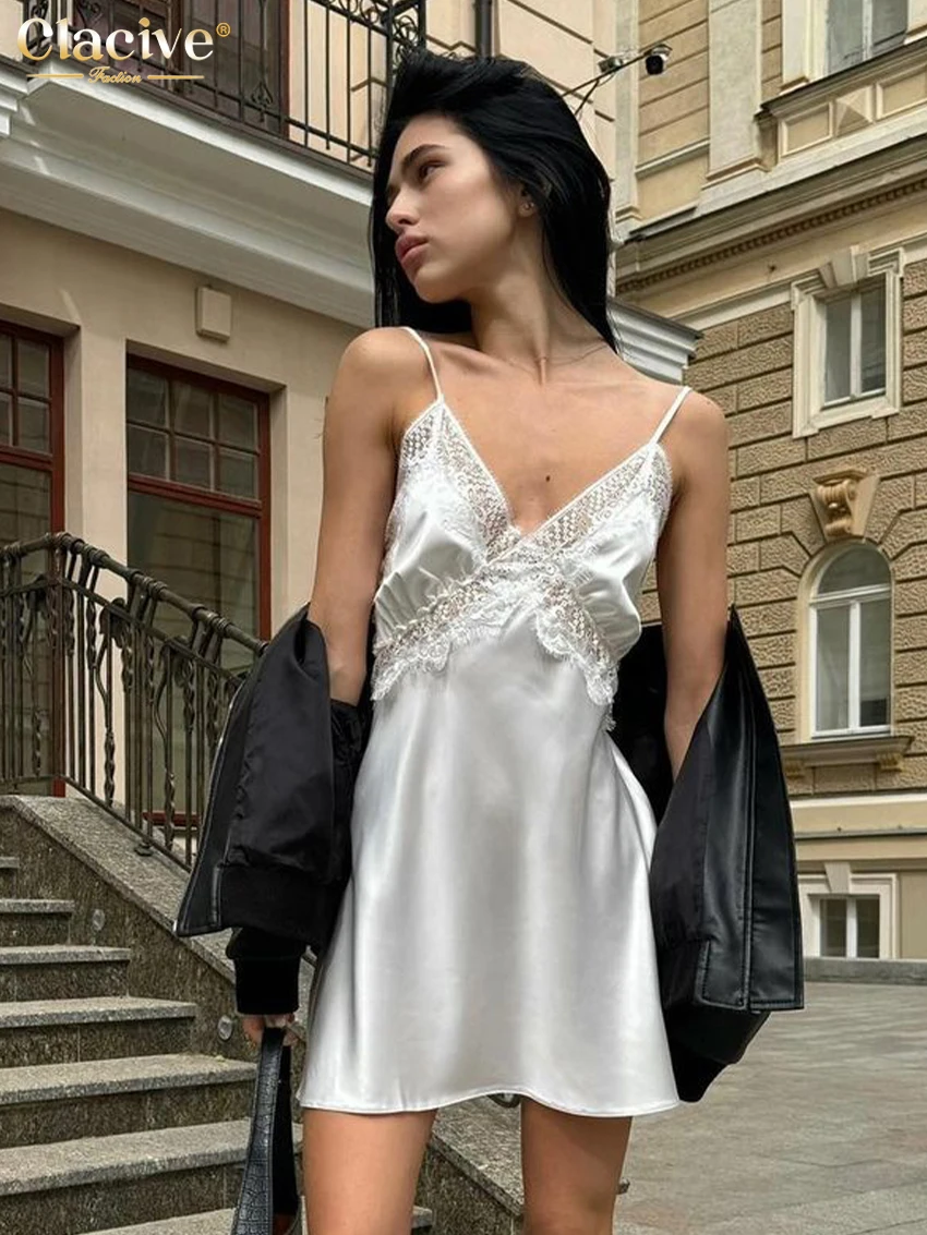 

Clacive Sexy Slim White Satin Dress Ladies Summer Strap Sleeveless Mini Dress Elegant Lace-Up Spliced Dresses For Women 2024