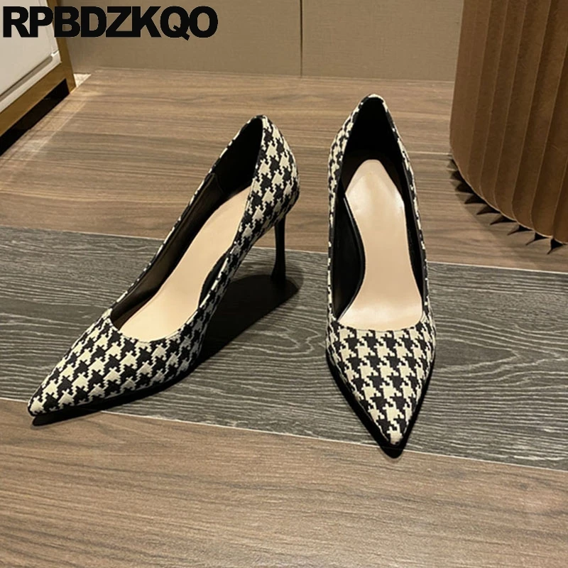 

Shallow 33 Classic Houndstooth High Heels Stylish Stiletto Women Slip On Pointed Toe Pumps Small Size Modern Multi Colored Shoes