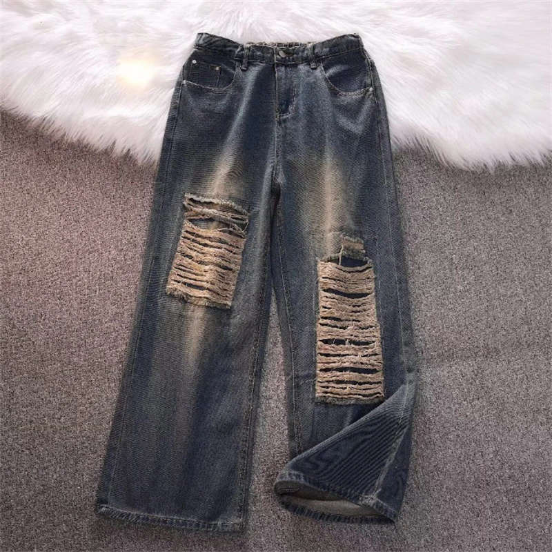 Spring New Men's High Street Jeans Casual Vintage Style Washed Denim Jeans Loose Trousers Pants Men