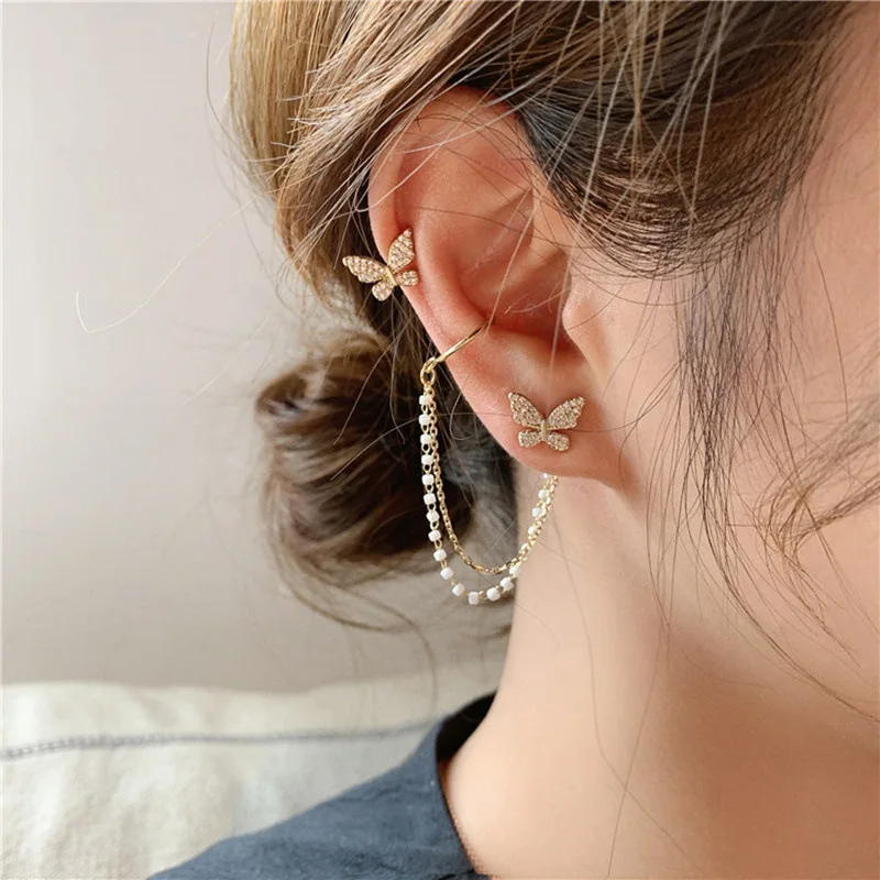 Korean Elegant Cute Rhinestone Butterfly Stud Earrings For Women Girls Fashion Metal Chain Jewelry Gifts