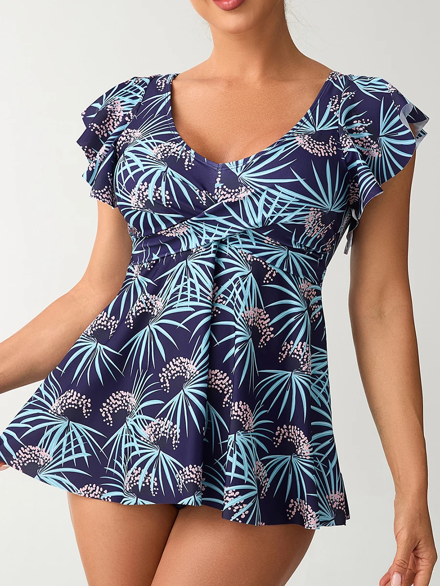 2026 ملابس سباحة مطبوعة الإناث الخامس الرقبة Tankini قطعتين ملابس السباحة النساء فستان الشاطئ الاستحمام السباحة لباس سباحة بحر