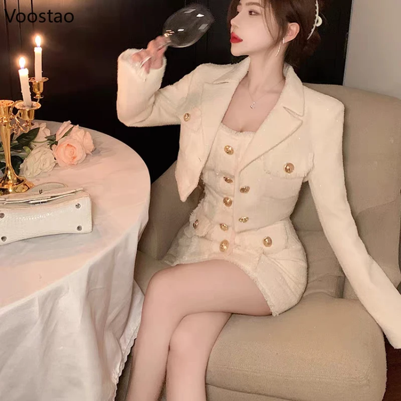 Elegant Vintage Dress Two Piece Set Women Casual Chic Short Jackets Mini Dress Suits Female Korean Fashion Tassel Party Outfits