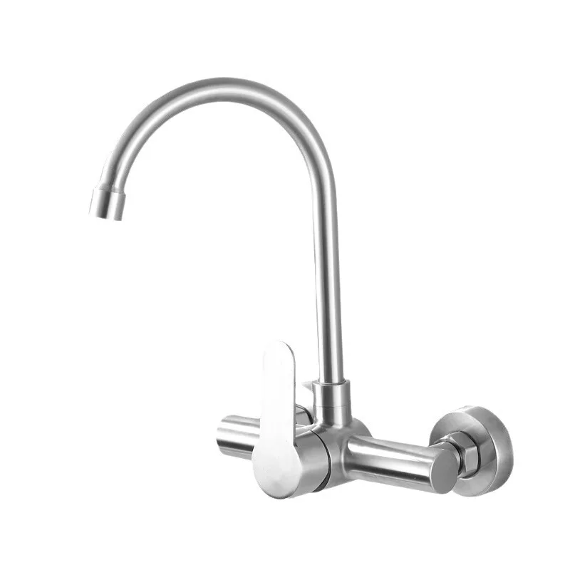 Wall-Mounted Kitchen Hot and Cold Double Faucet 304 Stainless Steel Balcony Laundry Tub Sink Double Hole