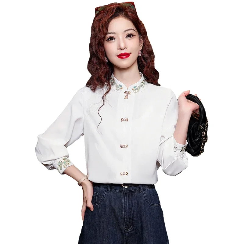 Women's Size New Chinese Style Standing Collar Embroidered Shirt for Women's Spring with A Versatile and Slimming Design