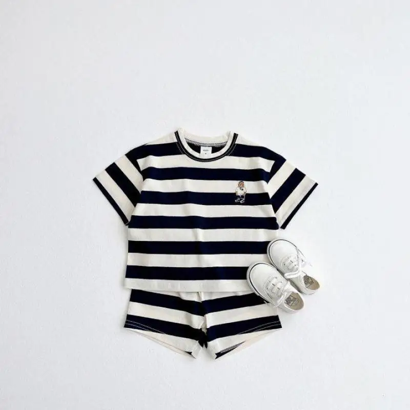 2026 Summer New Children Short Sleeve Striped 2pcs Set Baby Cotton T Shirts + Shorts Clothes Suit Infant Boy Cute Bear Outfits