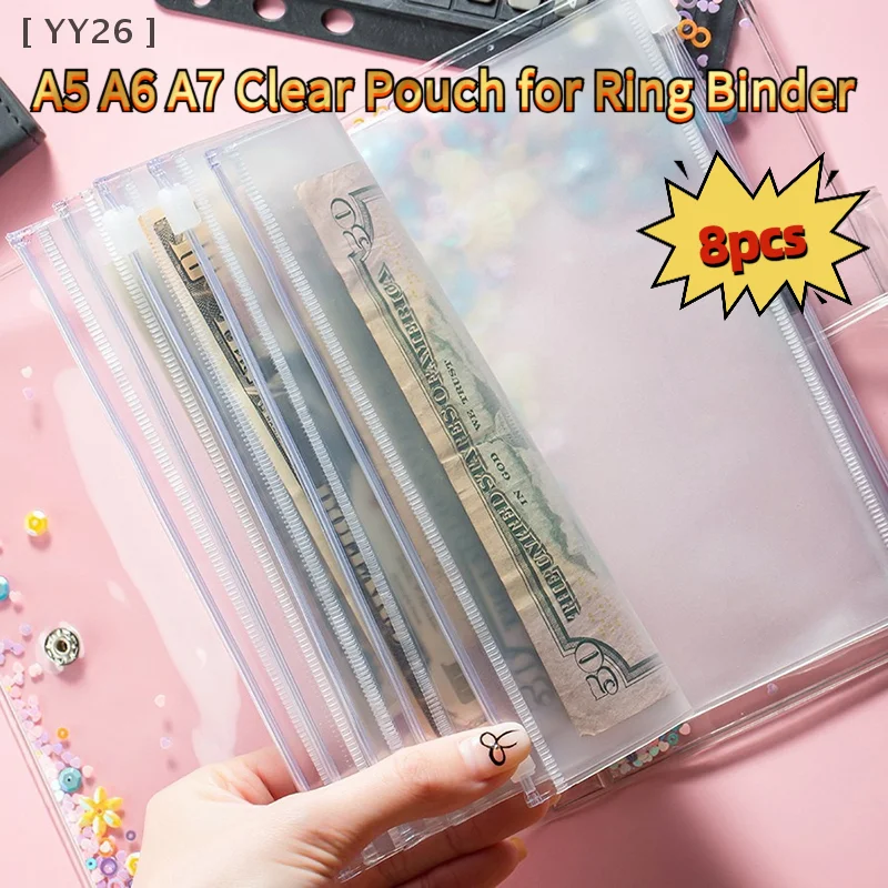 

8Pcs PVC Zipper Pouch for A5 A6 A7 Ring Binder Planners Inserts- Clear Plastic Folder for Documents, Cards & Stationery〔YY26〕