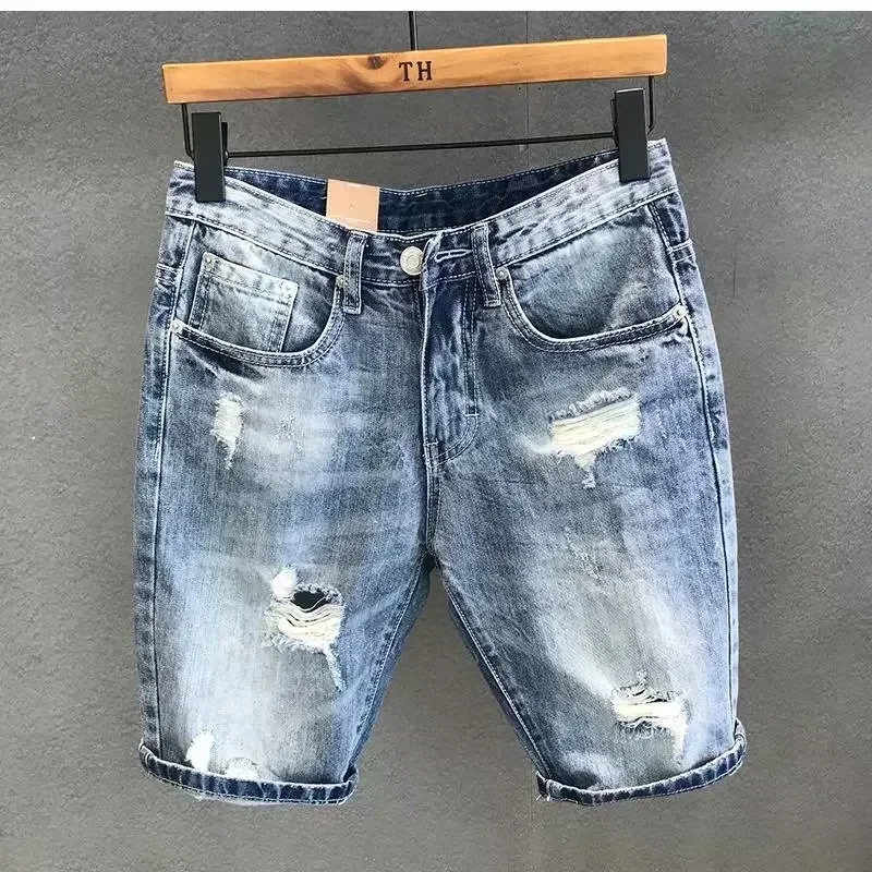 New tide ripped denim shorts men's summer Korean version trend social spirit guy handsome ins five-point pants medium pants