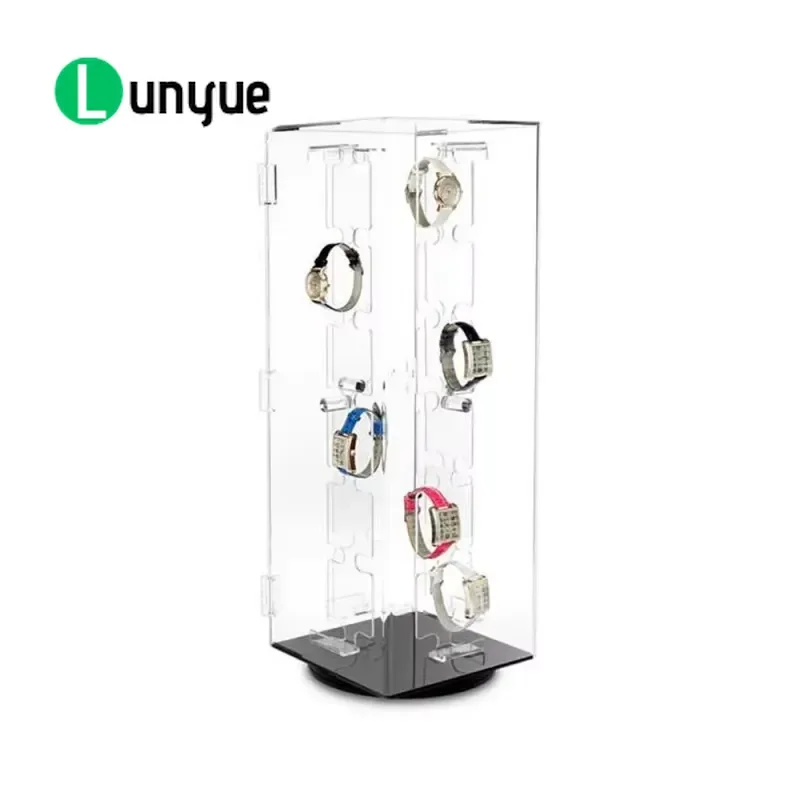 Rotating Watch Display Cabinet Wooden Jewelry Storage Box with Glass Door Dustproof Showcase for Home Office Desktop