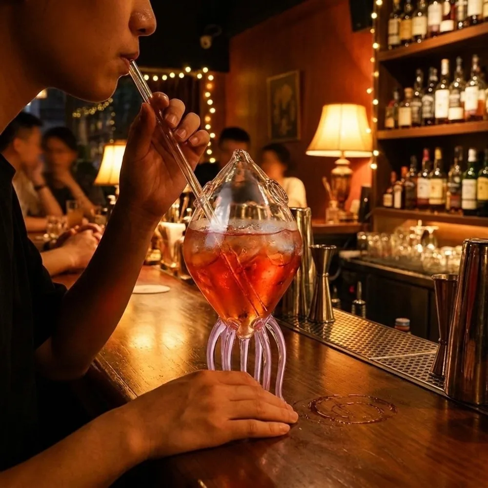Glass Squid Shape Cocktail Glass Large Capacity With Straw Jellyfish Wine Goblets Animal Shape Creative Design Beer Cup