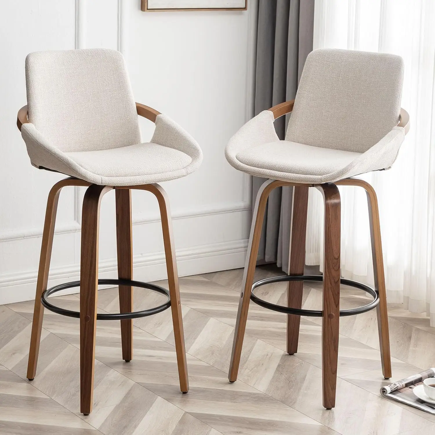 

LUNLING 25.6" Bar Height Barstools Set of 2, Mid Modern Retro Bar Chairs Charcoal Beige Linen Look Fabric Upholstered