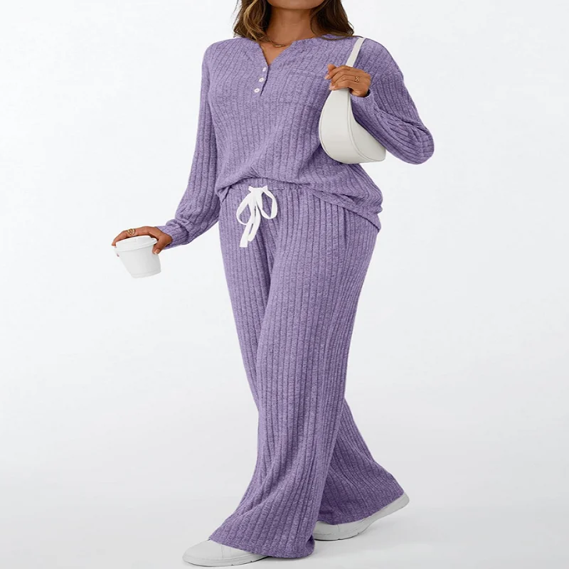 Womens 2 Piece Lounge Sets Fall Henley Neck Sweater Matching Sweat Suits Comfy Pajamas Clothes Pockets