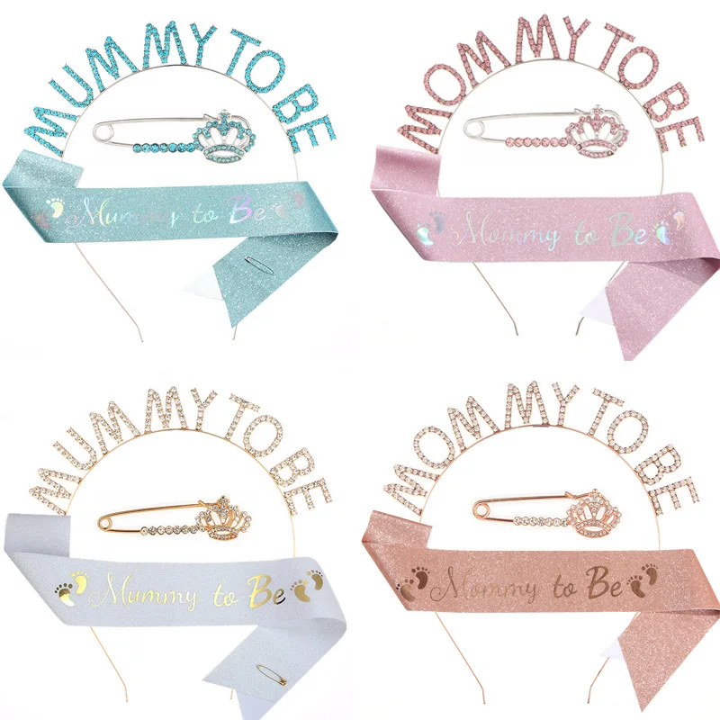 3Pcs/Set Glitter Mommy To Be Sash Mother's Day Badge Crown Headband Set Gender Reveal Baby Shower Party Decoration Photo Props