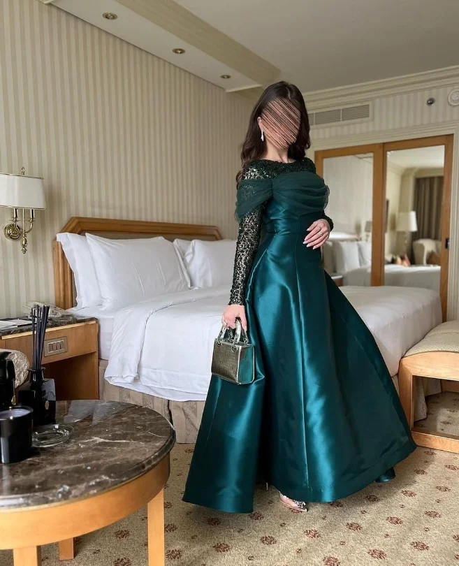 

Hunter Green Saudi Evening Formal Dresses Gillter Long Sleeve A-line Customsized Arabic Prom Occasion Gown vestidos de fiesta