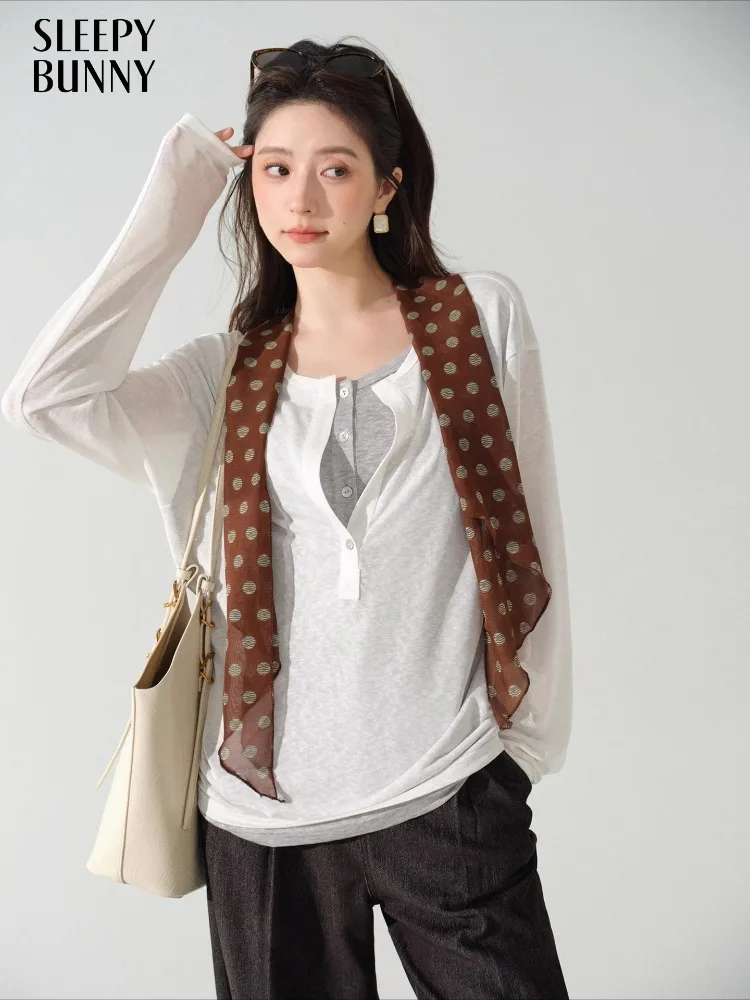 

Casual Long Sleeve T-Shirt for Women Autumn Loose Fit Top Fake Two Piece Contrast Color Design Soft Breathable Fabric Daily Wear