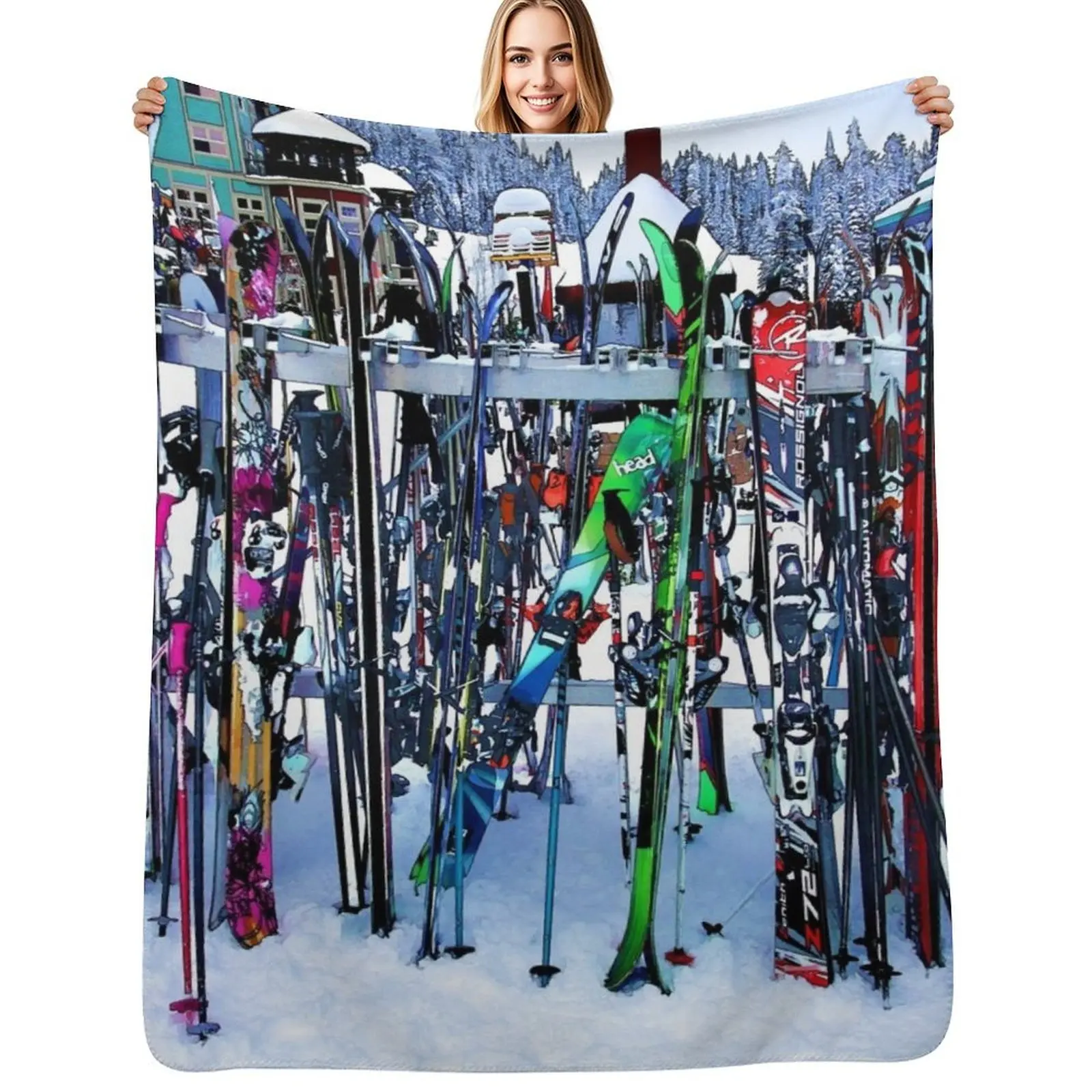 

Ski Party - Skis and Poles Throw Blanket for winter Hairy Decorative Sofas Sofa Blankets
