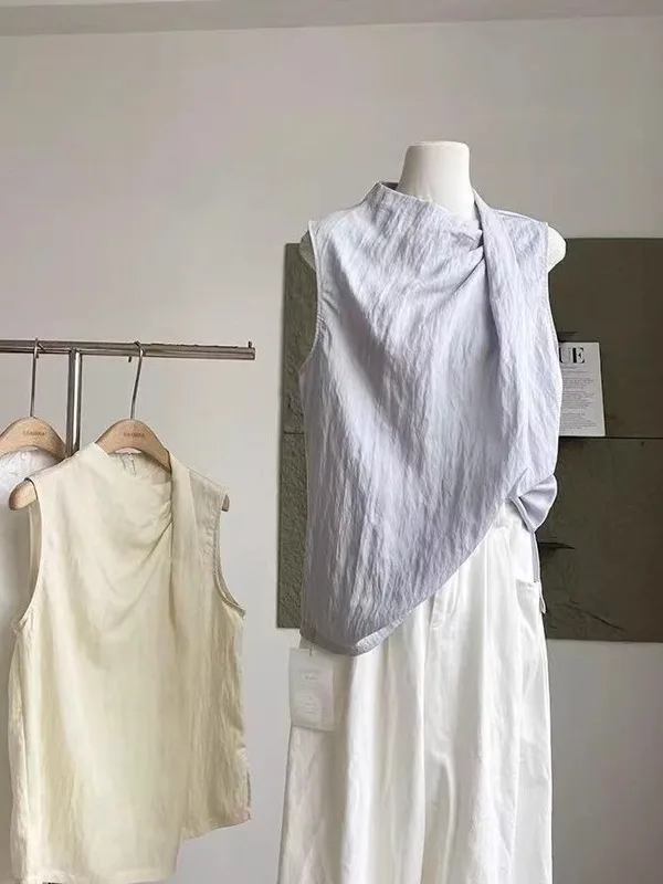 

Women's Summer 2025 Loose Fit Sleeveless Shirt Elegant Slimming Design Korean Style round Neck Polyester Fiber Casual Top