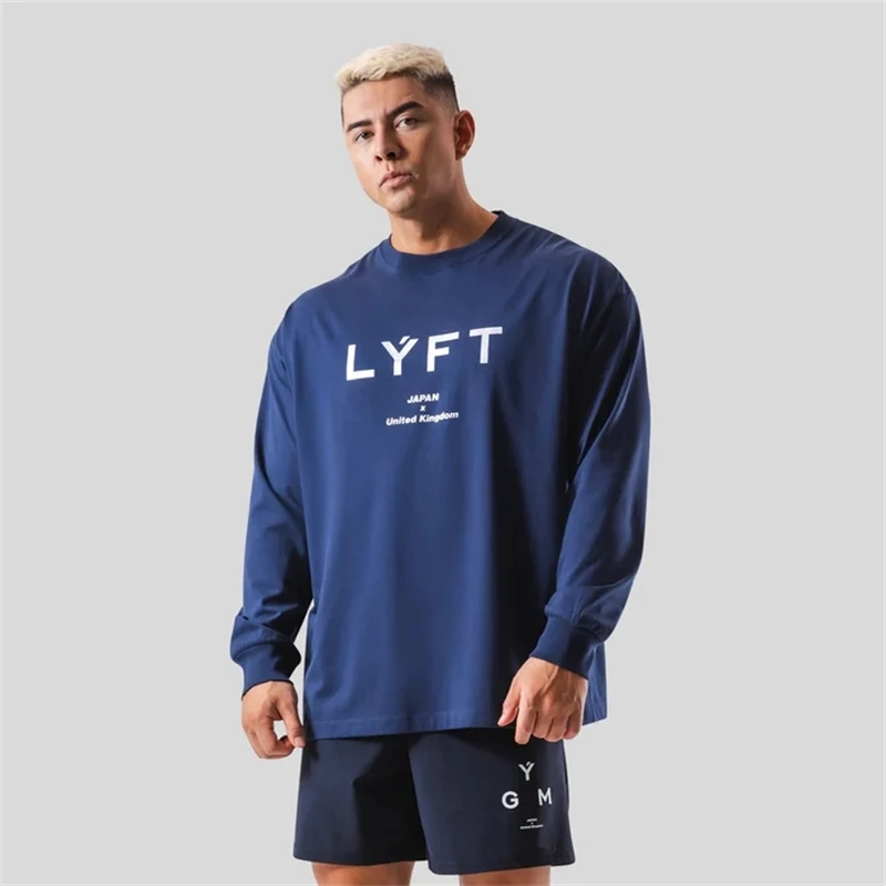 LYFT JAPAN&UK Print Long Sleeve 100%Cotton Men T-shirt Gym Fitness Bodybuilding Workout Casual T Shirt Male Tee Tops Sport Shirt