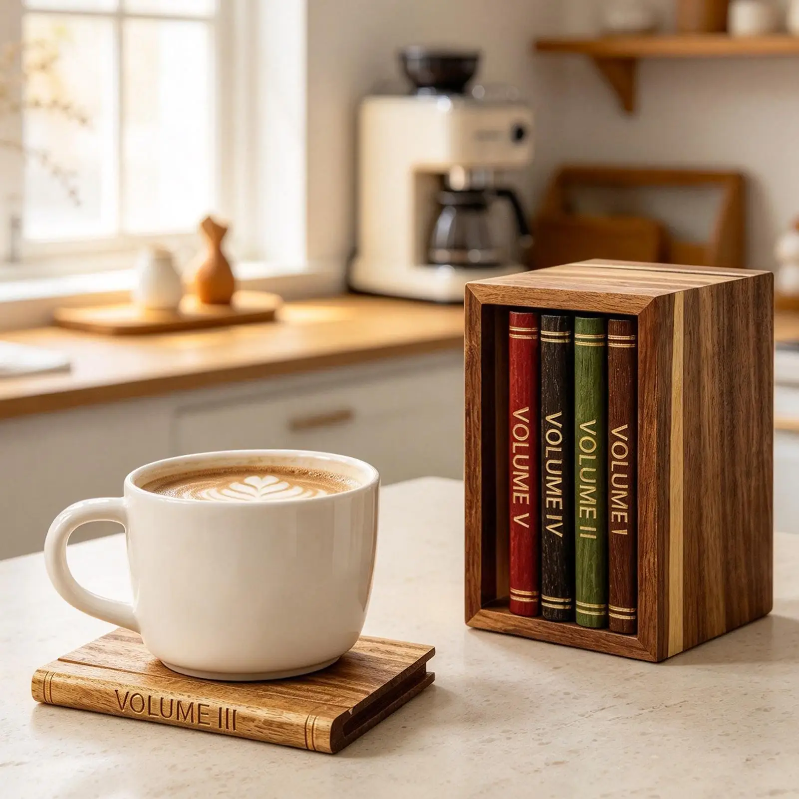 Wood Book Coaster Set, 5 Vintage Design Drink Mats with Stand Drink Coaster Kitchen Decor for Women Men Bookish Office