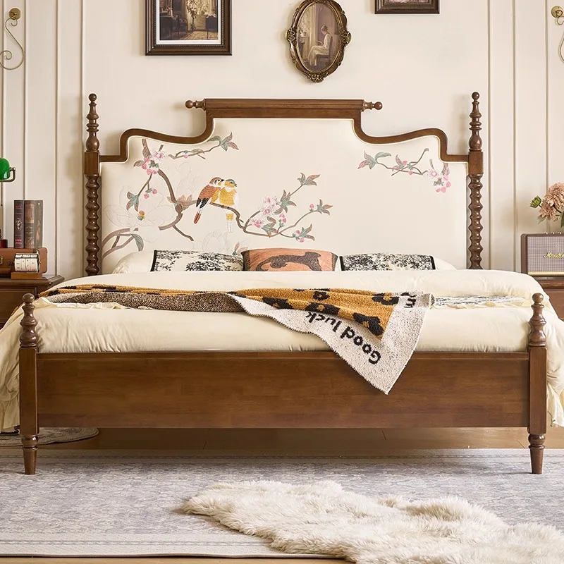 @*French Solid Wood Double Bed Master Bedroom Song Style Aesthetics Vintage Storage Soft Bag Wedding Bed