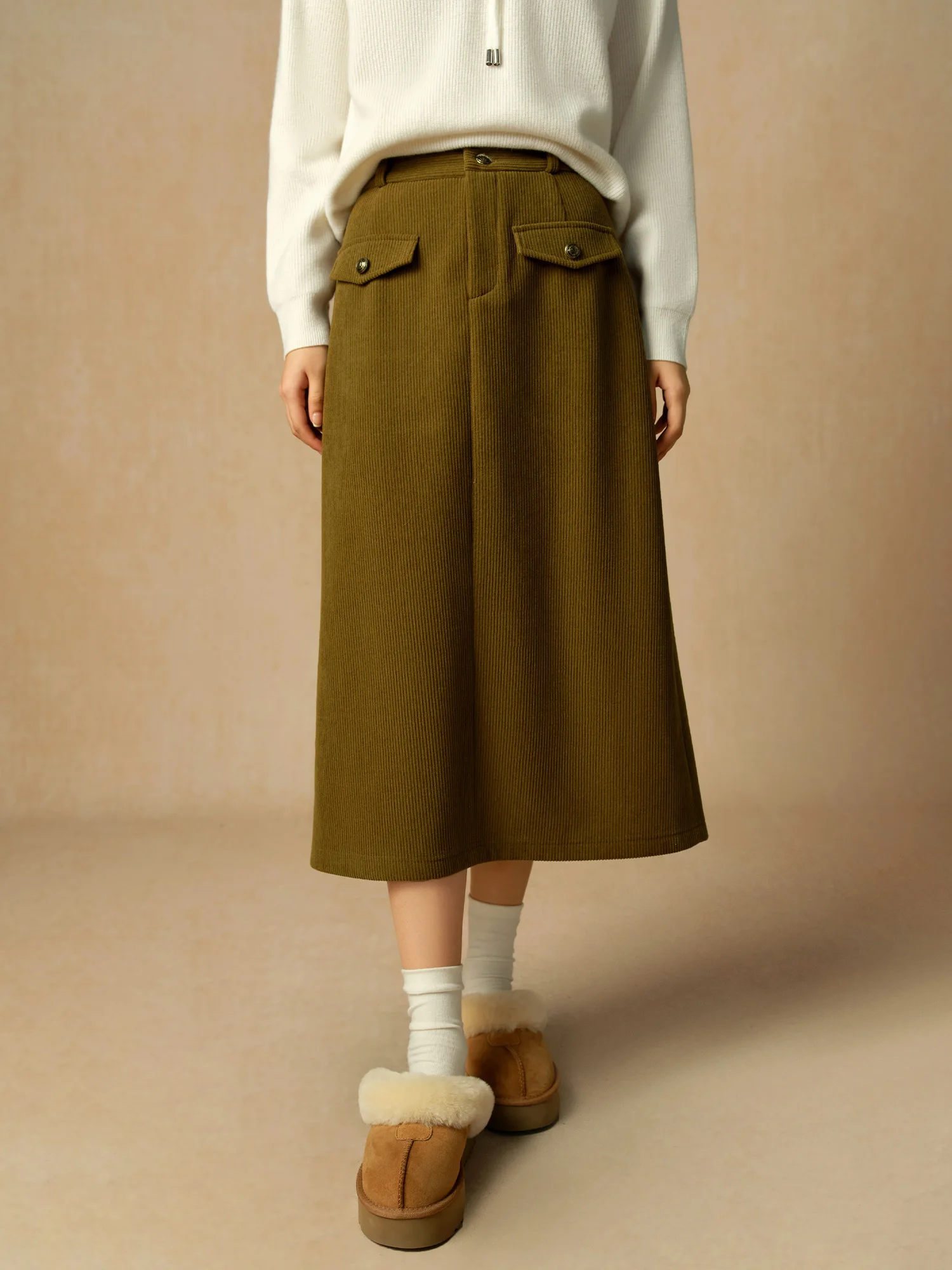 DUSHU【2 Length】Women Winter Corduroy Long Skirt Thicken Lining Fleece Female Brown Mini Skirts Women Skirt 24DS84373+24DS84273