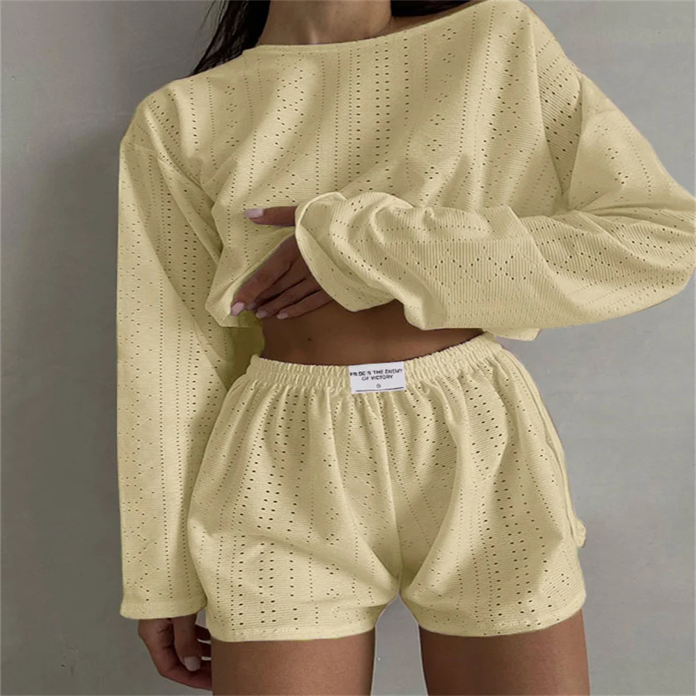 Women\'s Pajamas Set Spring Long Sleeve Tops With Shorts Sleepwear 2 Piece Set Loose Round Neck Home Wear Loungewear Pyjama Femme