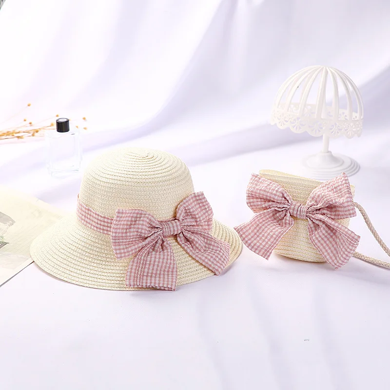 Girls Sun Straw Hat Kids Summer Beach Packable Hats Cute Floppy Cap Adjustable Size with Chin Strap for 5-10 Years