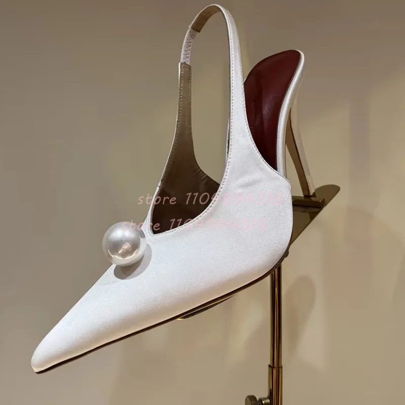 White Satin Pearls Pointed Toe Stiletto Sandals Women Black Back Strap Slingback High Heels Luxury Party Wedding Ladies Shoes