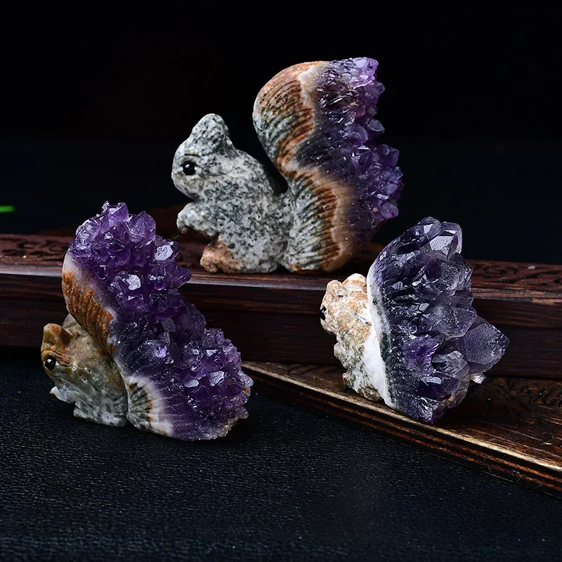 Hand-Carved Owl Hedgedog Squirrel Sculpture Natural White Crystal Uruguay Purple Amethyst Stone Mineral Specimen Decor
