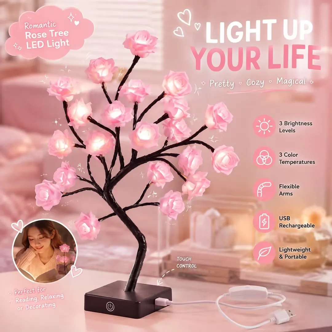 Aesthetic Rose Tree Lamp USB Powered LED Table Night Light Rose Tree Light for Girls Room Dorm Wedding Holiday Desktop Ornament