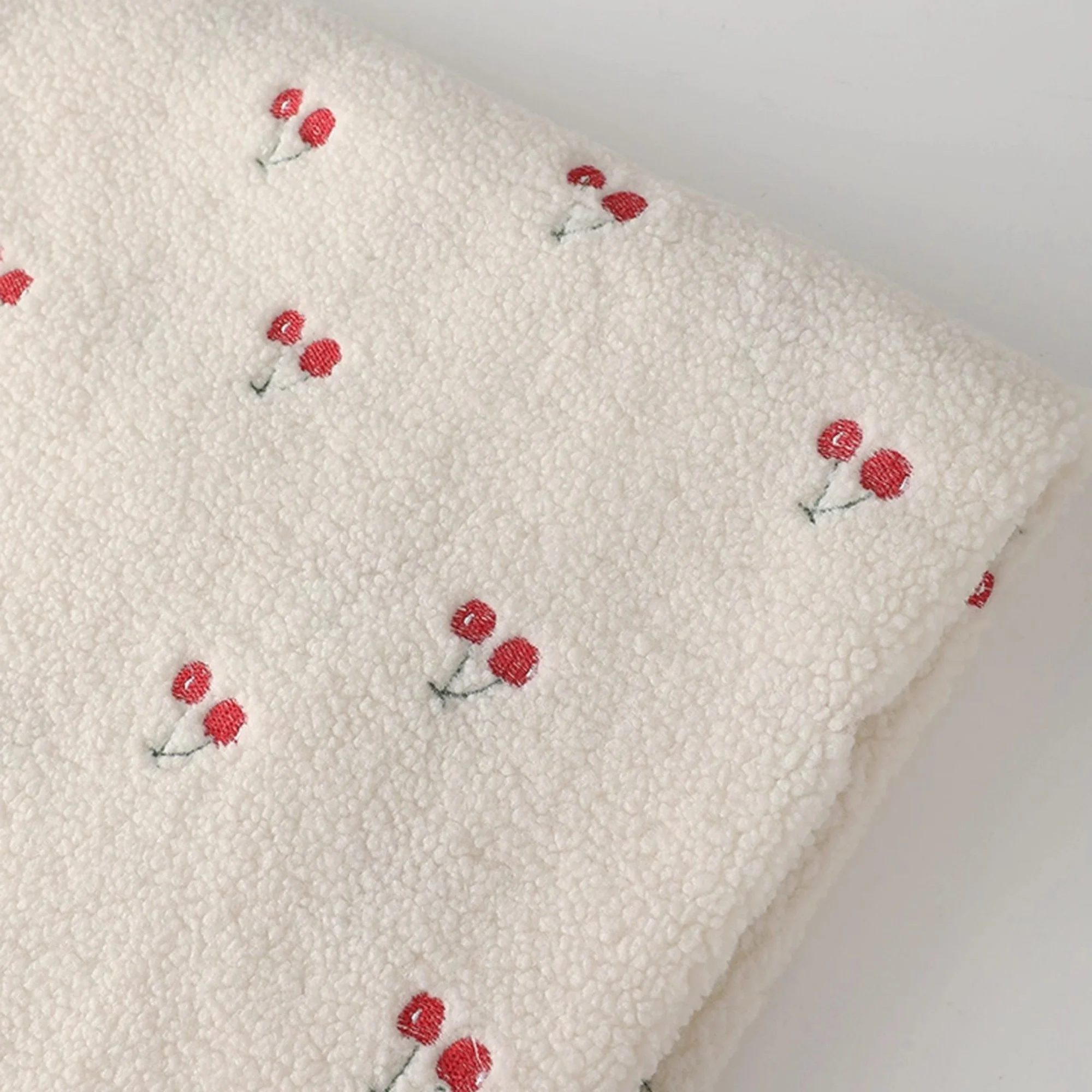 

0.5 Meter Cute Cherry Embroidered Plush Fabric for Autumn/Winter Vest Handmade DIY Clothing Material