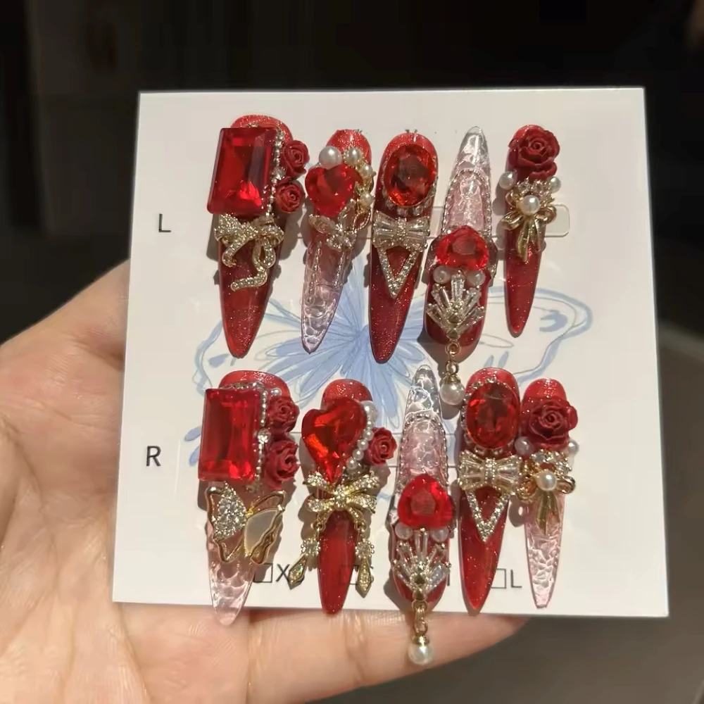 10Pcs High Quality Handmade Press on Nails Red Gold New Year's Hot Selling Diamond Jewelry Luxury Flash Niche Style Spicy Girl