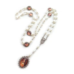 QIGO Vintage Ornaments Imitation Pearl Water Drop Seven Bitter Rosary Necklace Alloy Glass Virgin Pendant