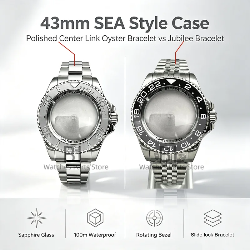 43mm SEA Style Diver Watch Case Kit Sapphire Glass 100M Waterproof Rotating Bezel Oyster Jubilee Slide‑lock Bracelet Mod Parts