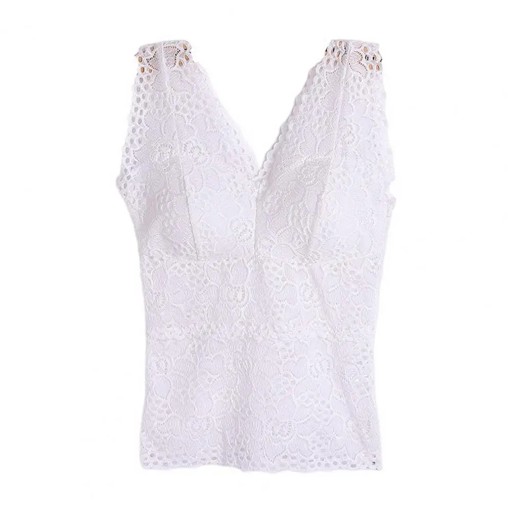 Tank Top V-neck Padded Vest  Spaghetti Straps All-Match Sexy Lace Long Bra Crochet Vest Inside Wear