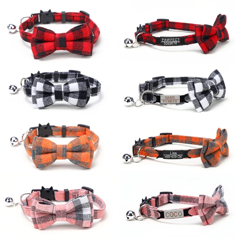 Personalized Cat Collar Name ID Bowknot Safety Breakaway Bow Tie Buckle Plaid Chihuahua Necklace Elastic Adjustable Dog Collar