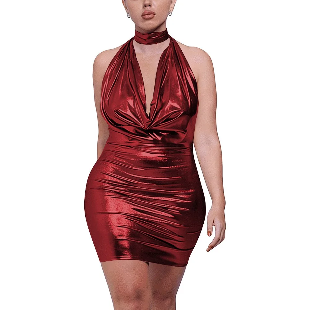 

Plus Size Women's Shiny Metallic Halter Dress Sleeveless Deep V Backless Bodycon Mini Dress Ladies Shiny Party Club Sexy Dress